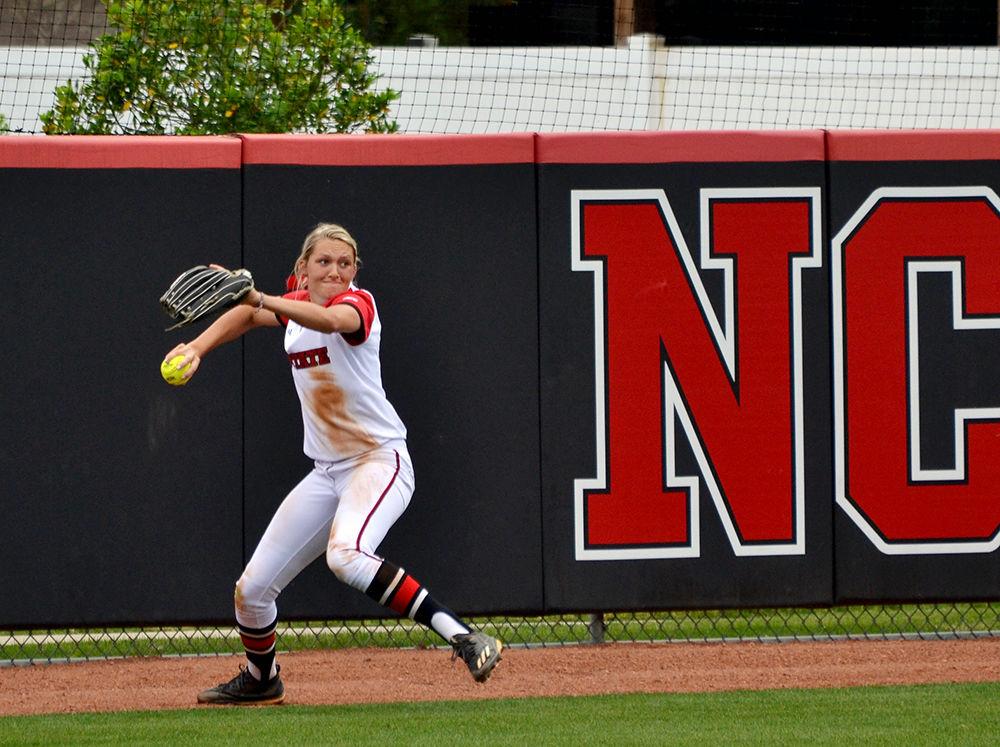 Outfielder Jade Caraway, a freshman majoring in exploratory studies, tosses back a ball during a game against UNC-Wilmington on April 19, 2017 in Dail Softball Stadium. Despite their efforts, the Wolfpack lost to the Seahawks 6-0 for their twenty-ninth loss this season.