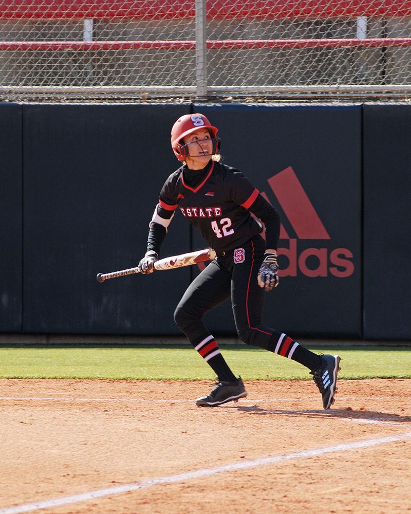 Sophomore outfielder Angie Rizzi sprints away from home plate towards first base at the NC State vs. Niagara softball game at Dail Softball Stadium on Friday. The Wolfpack defeated the Eagles 9-1.