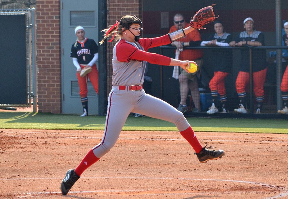 Devin Wallace, a sophomore pitcher, throws the ball during the game against Campbell University on Wednesday, April 11, 2018 in Dail Softball Stadium. The Wolfpack beat the Fighting Camels 6-5, for their twenty first win this season.