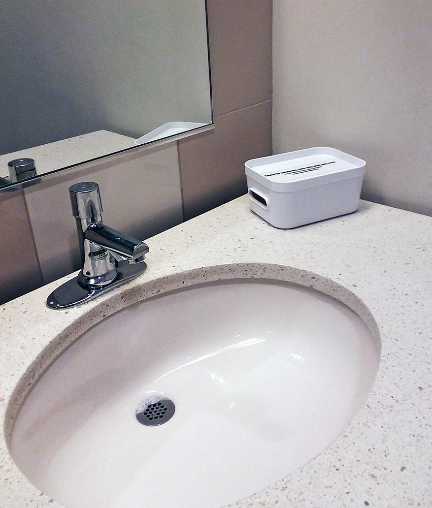 A container of free menstrual products sits on a women&#8217;s bathroom countertop in Talley Student Union on Wednesday. They are the result of a campaign led by Student Body Vice President Mia Connell.