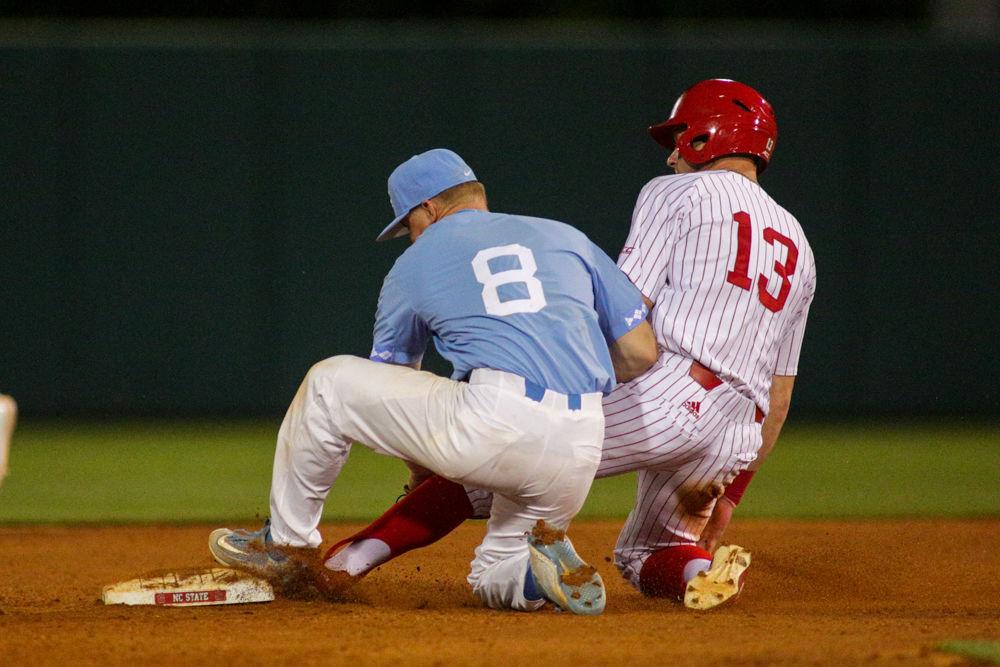 Senior outfielder Brock Deatherage is tagged out at second base in a contested play that required review. NC State left 10 runners on base in a game where the team lost by only one point. State fell 6-5 to UNC-Chapel Hill on Friday, April 27 at Doak Field for the first game of the series.