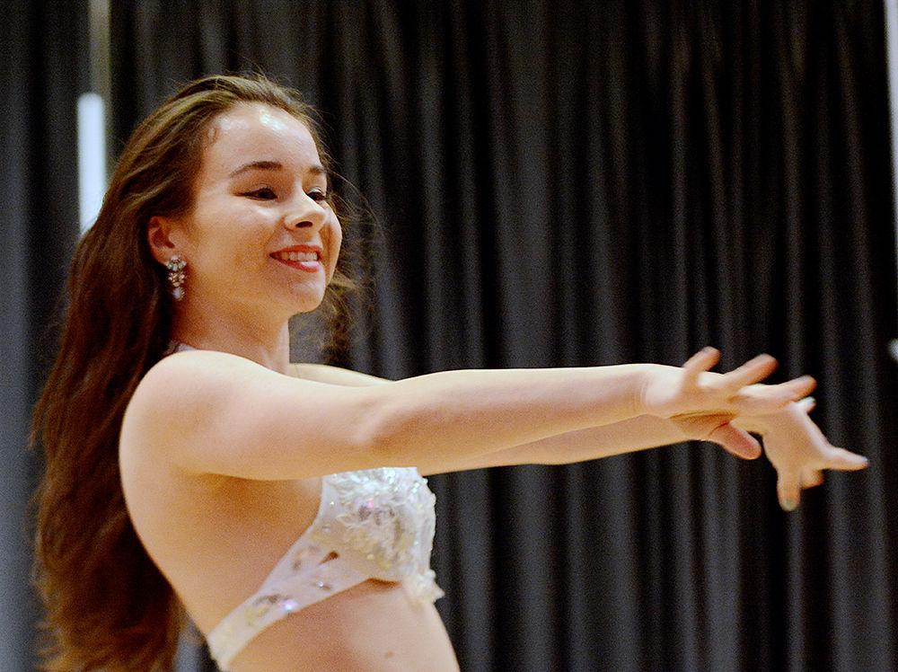 Alexandra Garcia, a fourth-year in the College of Management, belly dances at the Turkish Music and Dance Night. The Turkish Student Association at NC State hosted this event on Saturday in the Mountain Ballroom in Talley Student Union.