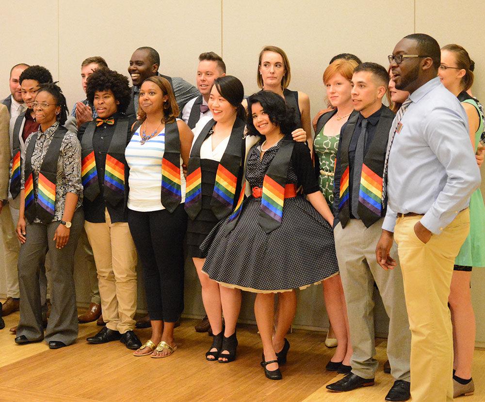 The graduates recognized by the NC State University GLBT Center pose for a group photo at the 2017 Lavender Graduation in Talley Student Union Piedmont Mountains Ballroom. The Lavender Graduation began at the University of Michigan in the mid-1990s under the direction of Ronni Sanlo as their LGBT Campus Resource Center director. The Lavender Graduation is designed to create a space for GLBT students to feel supported by the university and affirmed in their identities.