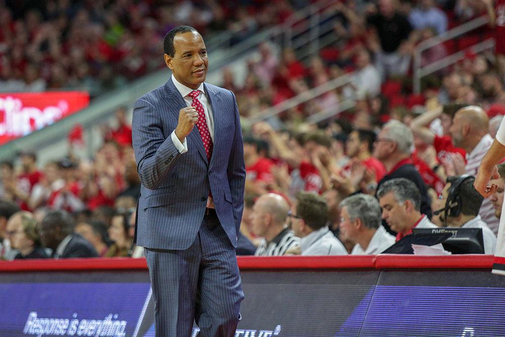 Head coach Kevin Keatts fist pumps after a strong play during the 92-72 dominant performance over Florida State on Sunday, Feb. 25 in PNC Arena.