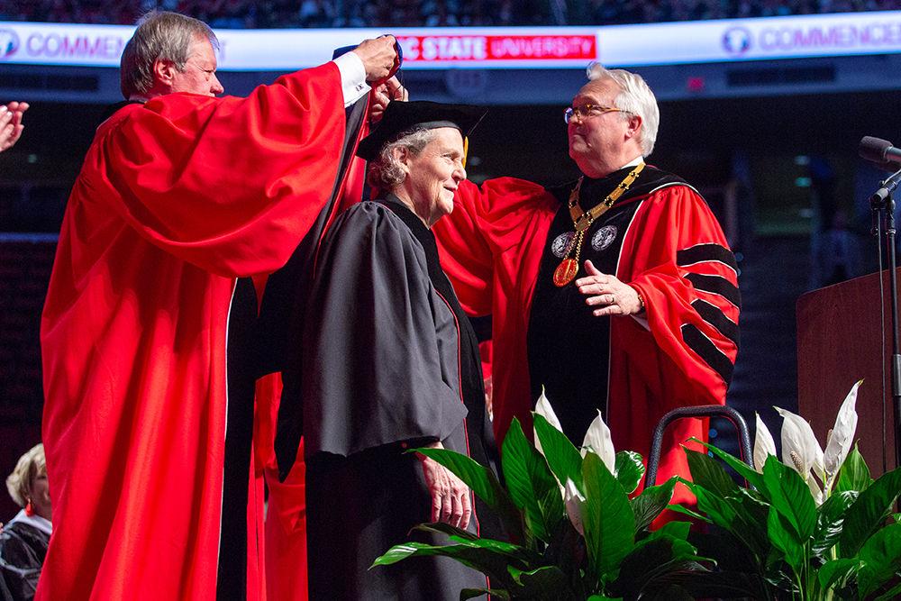Dr. Temple Grandin is hooded, receiving an honorary doctorate during Spring Commencement on Saturday, May 12 in PNC Arena.