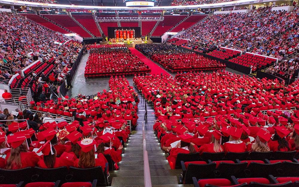 The crowd listens to Dr. Marian Wright Edleman's address during Spring Commencement on Saturday, May 12 in PNC Arena.
