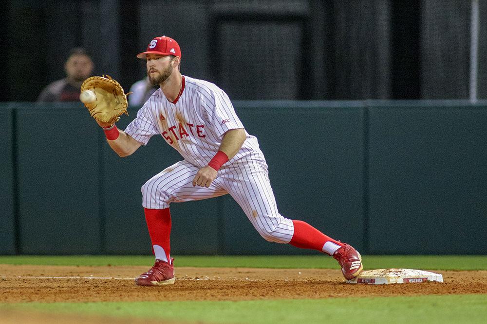 Junior first baseman Evan Edwards catches a throw for an out during the 6-5 loss to UNC-Chapel Hill on Friday, April 27 at Doak Field for the first game of the series.
