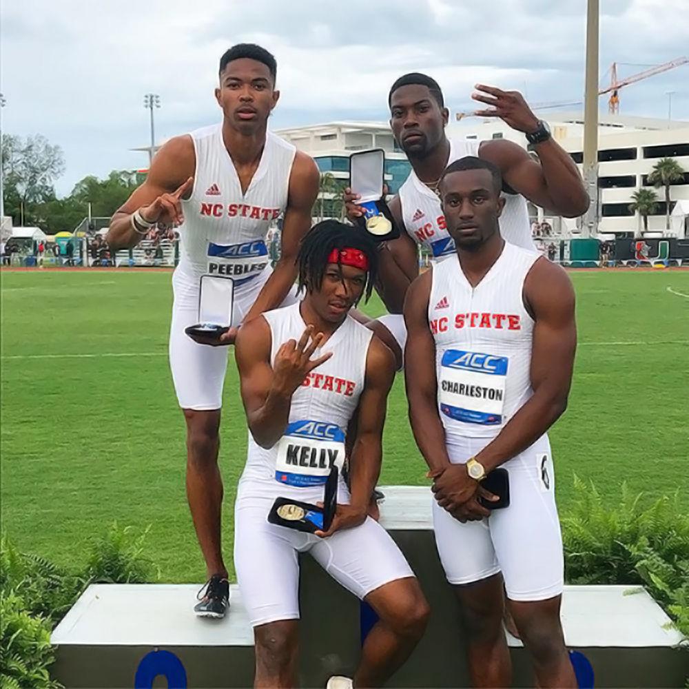 Junior Shannon Patterson, sophomore Cravont Charleston, junior Abdur-Rahmaan Kelly, and sophomore Dylan Peebles won first place in the 4x100M relay race at the ACC Outdoor Championship.