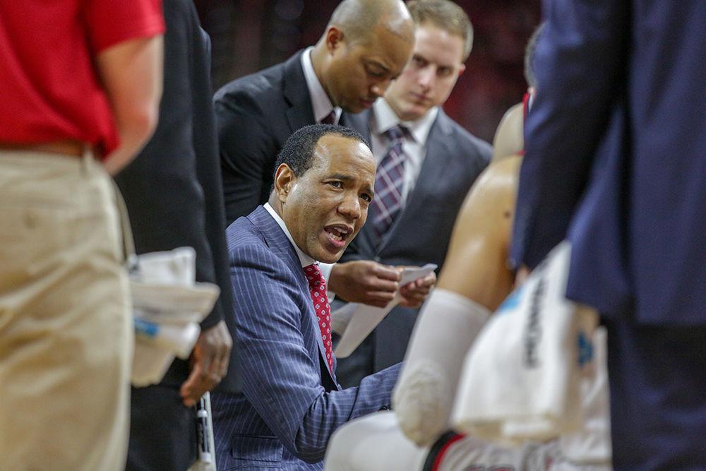 Head coach Kevin Keatts talks to his team at a time out during the 92-72 dominant performance over Florida State on Sunday, Feb. 25 in PNC Arena.
