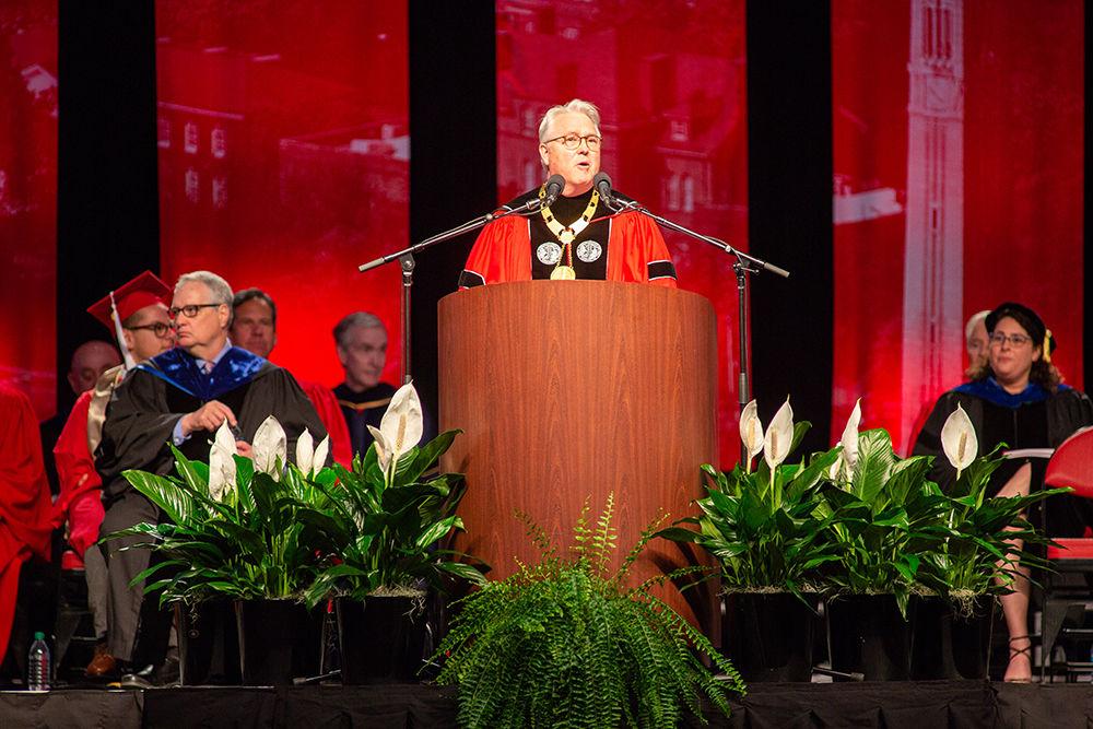 Chancellor Woodson welcomes the crowd to Spring Commencement on Saturday, May 12 in PNC Arena.