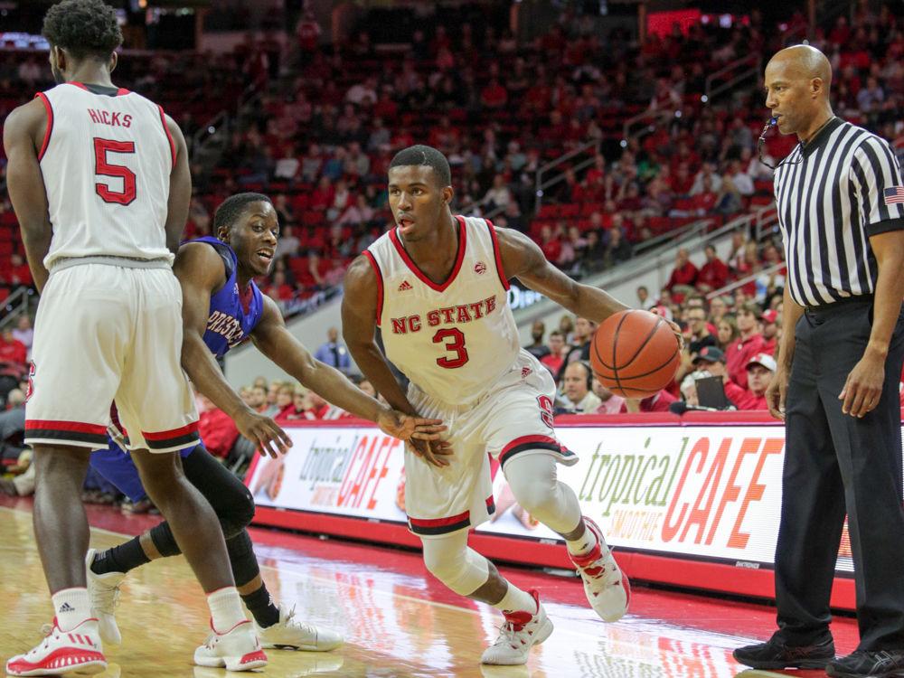 Freshman guard Lavar Batts Jr. uses uses the pick set by sophomore foward Darius Hicks to drive to the interior during the 86-68 win over Presbyterian College on Thursday, Nov. 16 in PNC Arena.