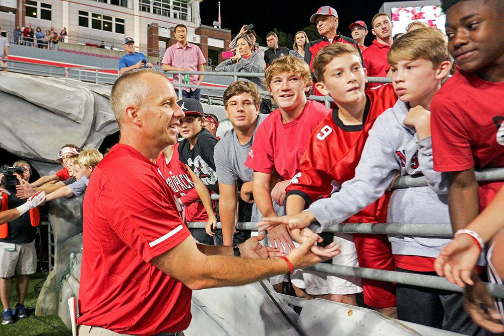 Head coach Dave Doeren comes out to thank the young fans for coming to the 37-20 win over Marshall on Saturday, Sept. 9, 2017 at Carter-Finley Stadium.