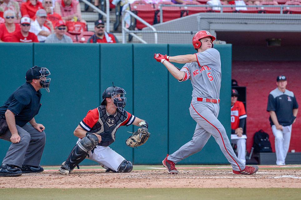 Freshman catcher Patrick Bailey hits a home run against Northeastern on Saturday at Doak Field. The Wolfpack beat Northeastern 9-3.