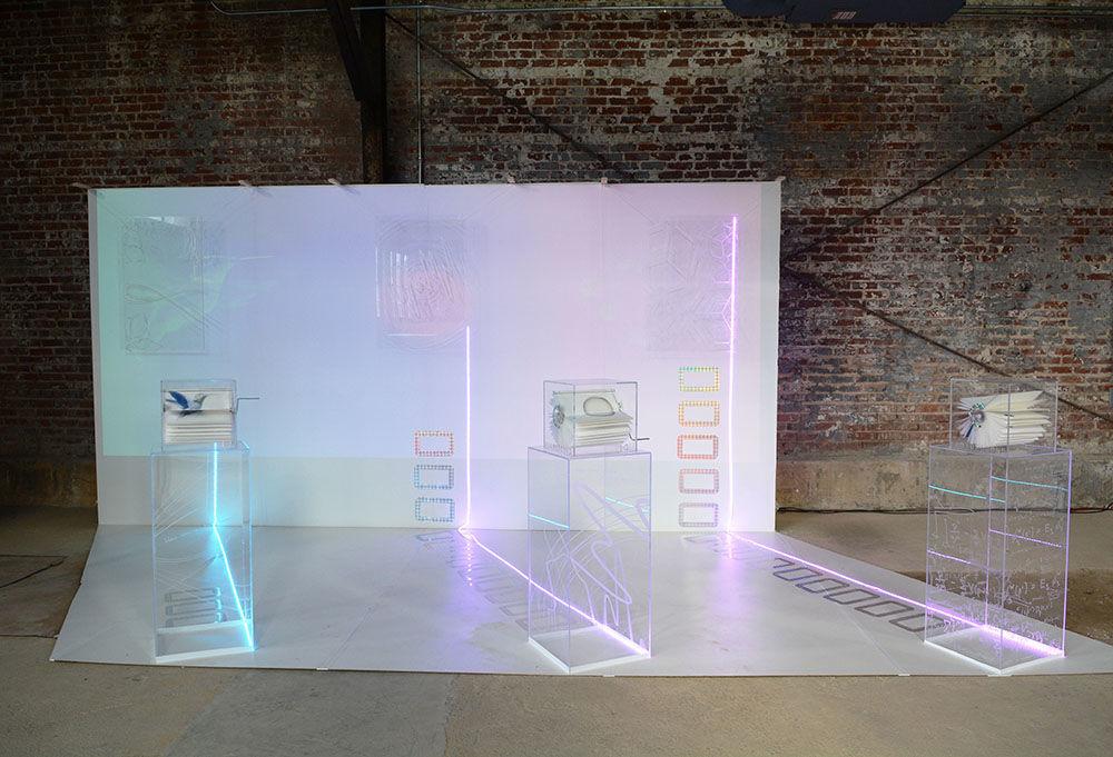 A piece called "Ultrafast Quantum Matter" is on display at Transfer Co. Food Hall in Raleigh on Friday, June 15, 2018 as part of the "Invisible Worlds" exhibit. The exhibit, a collaboration between NC State's College of Sciences and College of Design, is on display during the month of June on days Thursday through Saturday from 12 p.m. to 6 p.m.