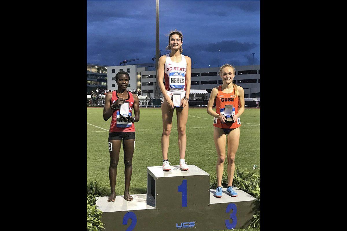 Elly Henes wins the women's 5000 meter at the ACC Outdoor Championships in Miami, Florida.