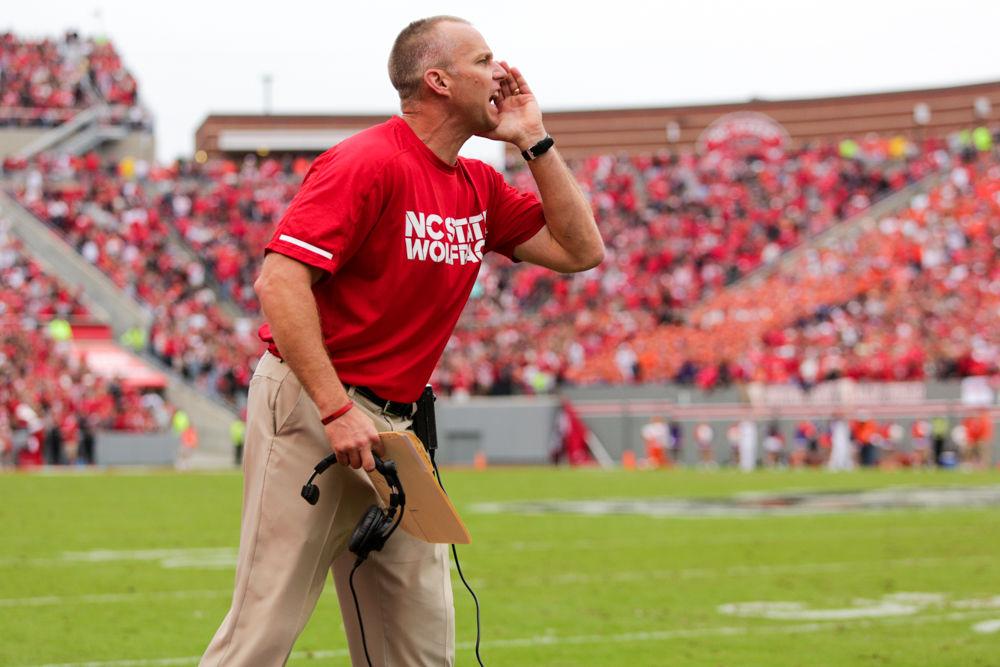 Head coach Dave Doeren shouts to his team during the 38-31 heartbreaking loss to Clemson on Saturday, Nov. 4 in Carter-Finley Stadium.