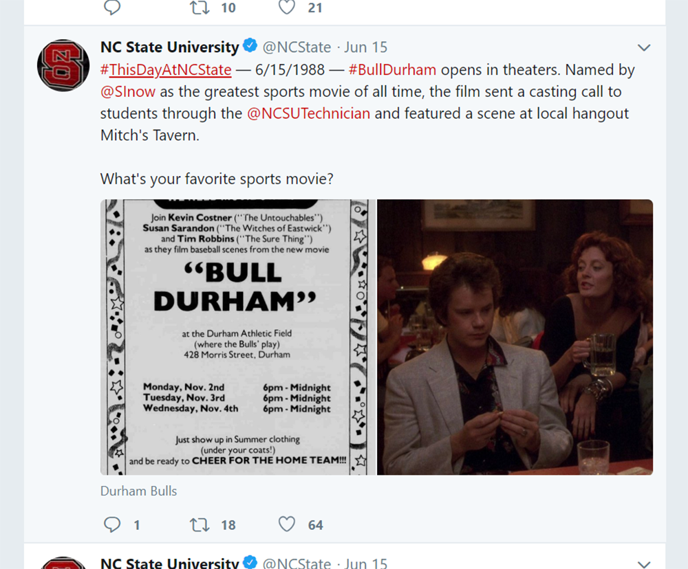 Throughout the coming school year, NC State social media accounts will be posting about important or unusual events that occurred on particular days years ago. There will be several events posted each week, each with various pieces of NC State or Raleigh related trivia.
