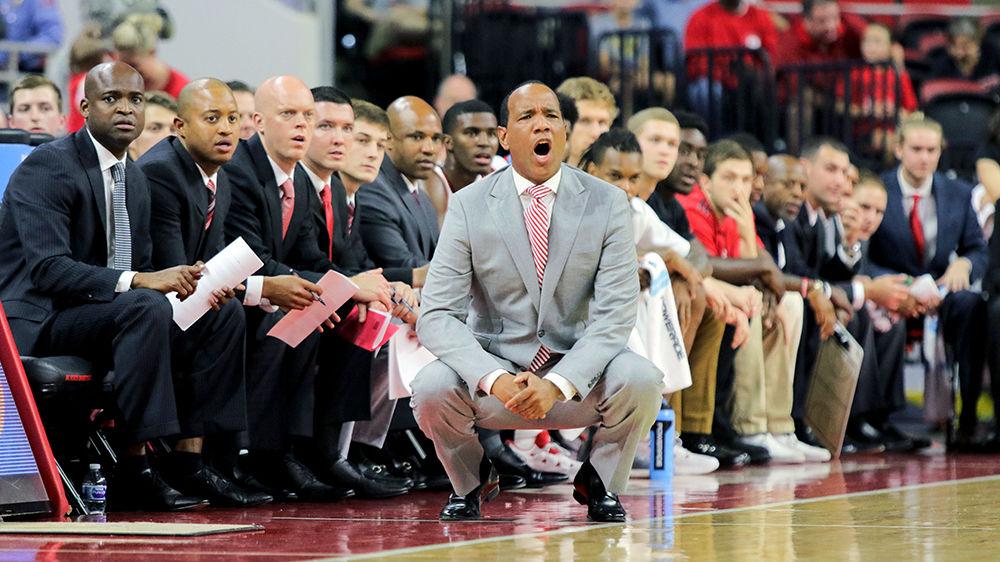 Head coach Kevin Keatts yells down court to his team pushing an early lead. The Wolfpack showed off its new defense and a high-powered offense with a 109-66 win over Mars Hill on Friday, Nov. 3, 2017 at PNC Arena.