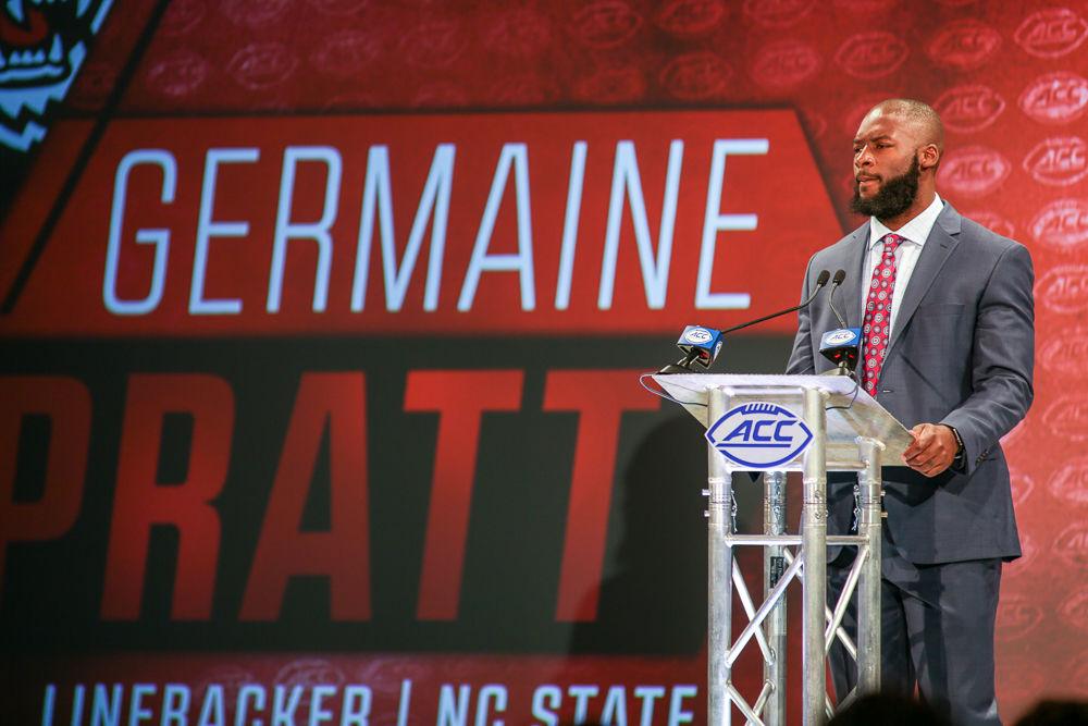 Graduate linebacker Germaine Pratt answers questions at the 2018 ACC Football Kickoff on Thursday. &#160;The two-day media event was hosted in Charlotte.