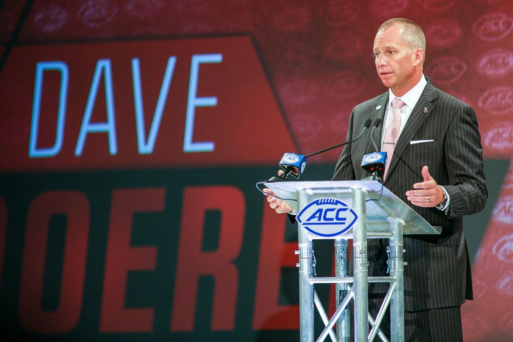 Head coach Dave Doeren answers questions at the ACC Kickoff in Charlotte on Thursday, July 19.