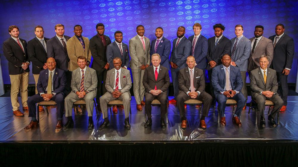 Players and coaches from the Atlantic Division of the ACC pose for a photo before a day of interviews at the ACC Kickoff. The media event took place in Charlotte from July 18-19.