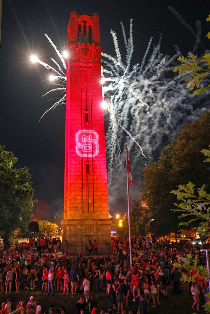 Packapalooza closes out by lighting the bell tower red and a cascade of fireworks on August 25, 2018.