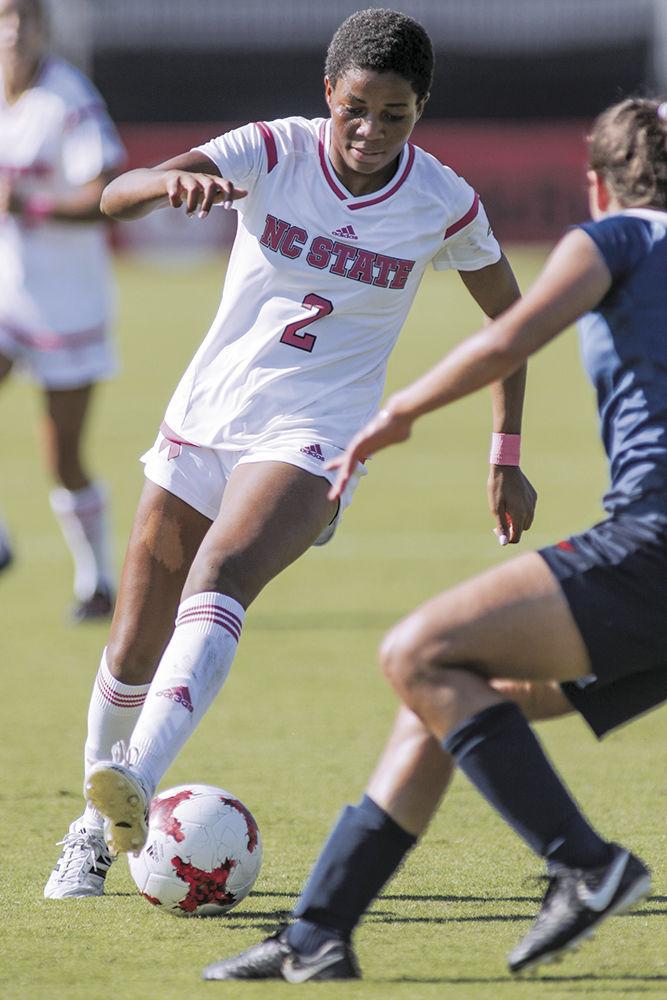 Sophomore midfielder Tziarra King prepares to juke the defense. King had a big game with six shots, two goals and an assist during the 3-0 win over Syracuse on Saturday, Oct 14, 2017 at Dail Soccer Stadium.
