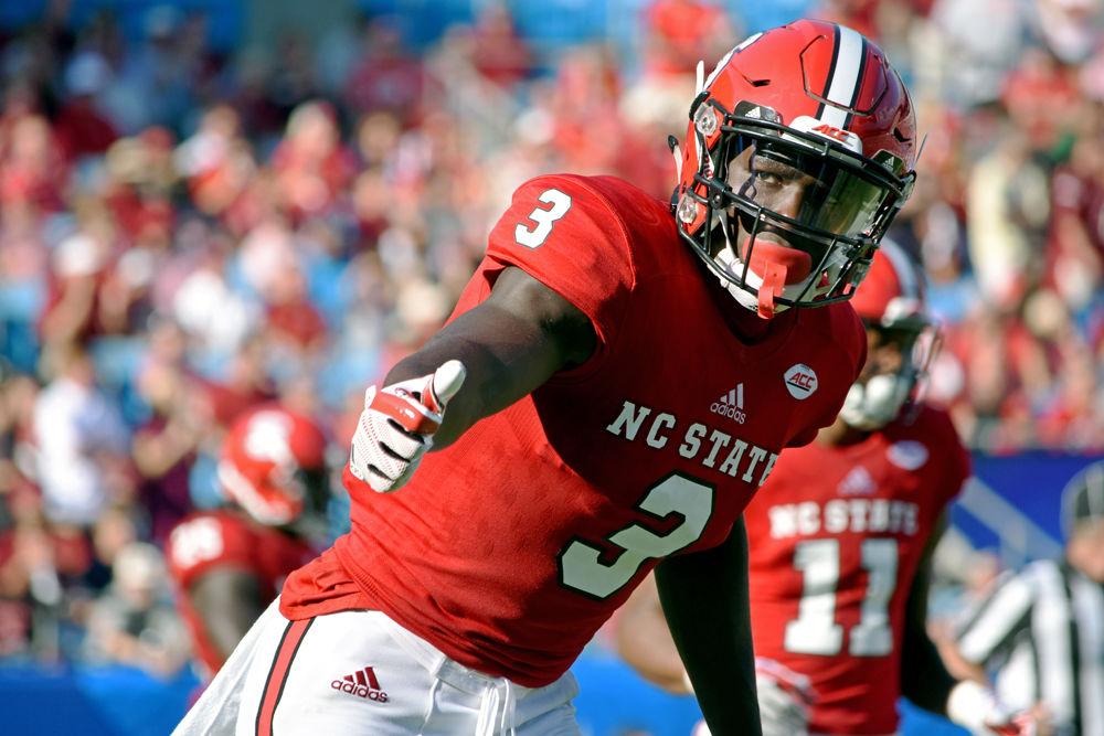 Kelvin Harmon, junior wide receiver, lines up at the Belk College Kickoff. The Belk College Kickoff Game took place Sept. 2, 2017 in Bank of America Stadium in Charlotte. The Pack lost to South Carolina 28-35.