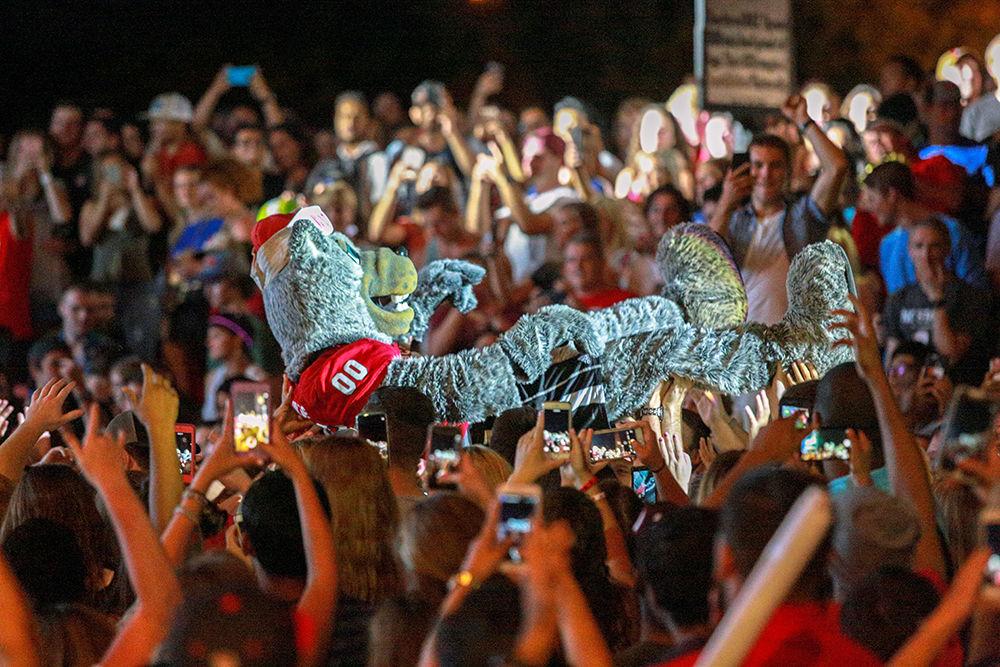 Mr. Wuf crowd surfs during the Parmalee concert at Packapalooza on Saturday, August 25. Packapalooza is an annual event that takes place on Hillsborough Street and caps off Wolfpack Welcome Week.