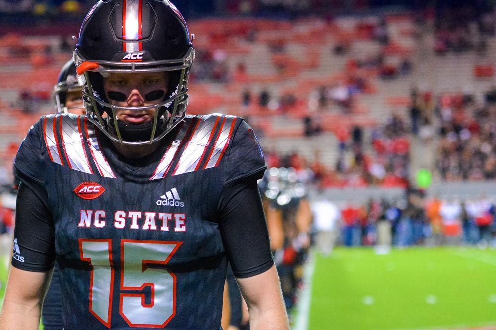 Redshirt junior quarterback Ryan Finley mentally prepares himself for the game against Louisville. After throwing for 367 yards, Finley and the Wolfpack won the game 39-25 in Carter-Finley Stadium on Thursday, Oct 5.