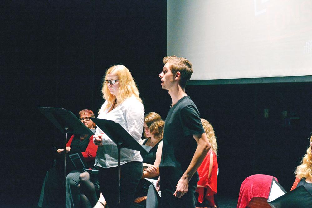 Penny Lawrence, a third-year in arts studies, and Griffin James, a third-year studying English, read an excerpt of Eleanor &amp; Park by Rainbow Rowell during Banned Books Onstage at Thompson Theatre on Tuesday, Sept. 25. NCSU Libraries hosts this event during National Banned Books week where excerpts and scenes of banned or challenged books are read.