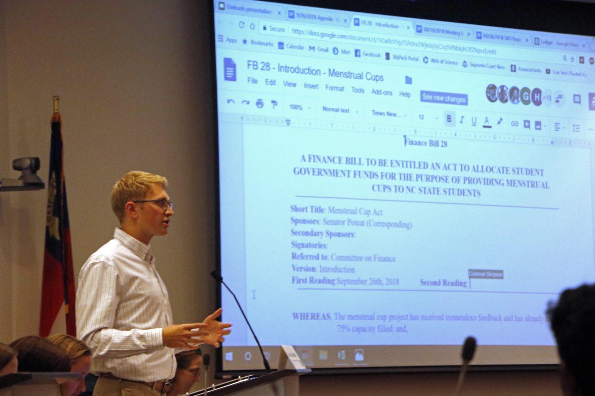 Student Senate President Adam Schmidt, a fourth-year studying civil engineering, initiates the process of introducing the Menstrual Cup Act to the Student Senate on Wednesday, Sept. 26 in Talley Student Union. The Menstrual Cup Act aims at allocating more funds to We Bleed Red in order to provide menstrual cups for NC State students.