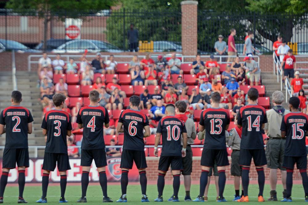 The NC State men's soccer team lines up ahead of their game against Presbyterian on Friday, August 31 at the Dail Soccer Stadium. NC State beat Presbyterian 2-0.