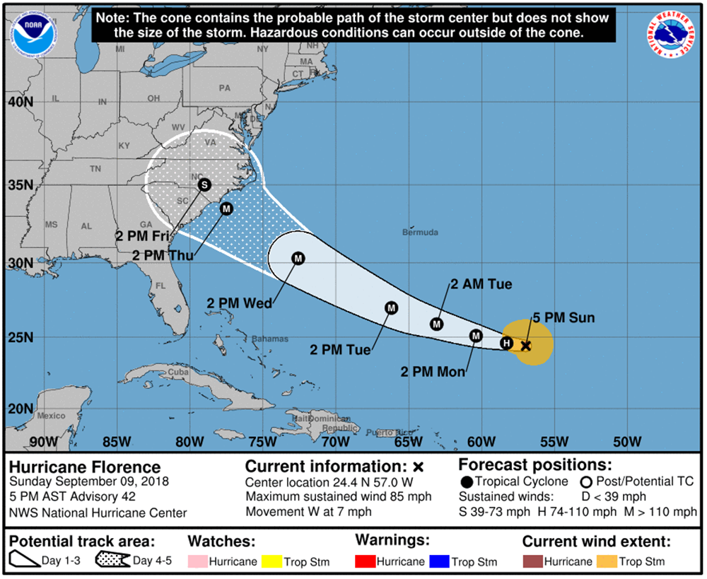 The forecast cone for Hurricane Florence predicts that it will hit Raleigh as a tropical storm early Friday afternoon.