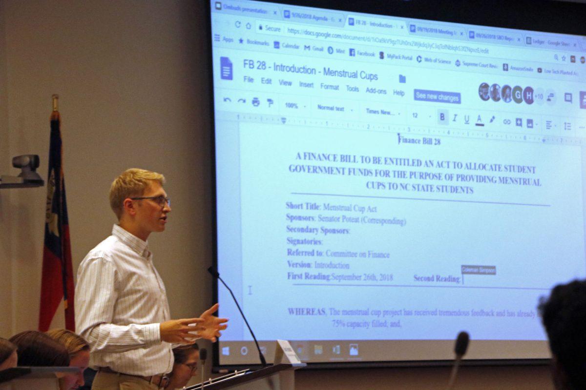 Student Senate President Adam Schmidt, a fourth-year studying civil engineering, initiates the process of introducing the Menstrual Cup Act to the Student Senate on Wednesday, Sept. 26 in Talley Student Union. The Menstrual Cup Act aims at allocating more funds to We Bleed Red in order to provide menstrual cups for NC State students.
