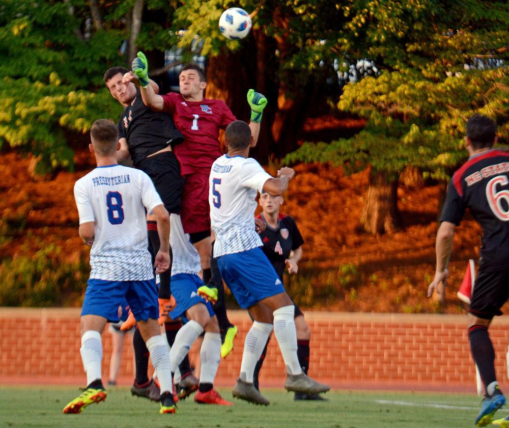 A Wolfpack offensive ball in is cleared by Presbyterian goalkeeper Jan Hoffelner. NC State Men's Soccer beat Presbyterian 2-0 on Friday, August 31 at Dail Soccer Stadium.&#160;