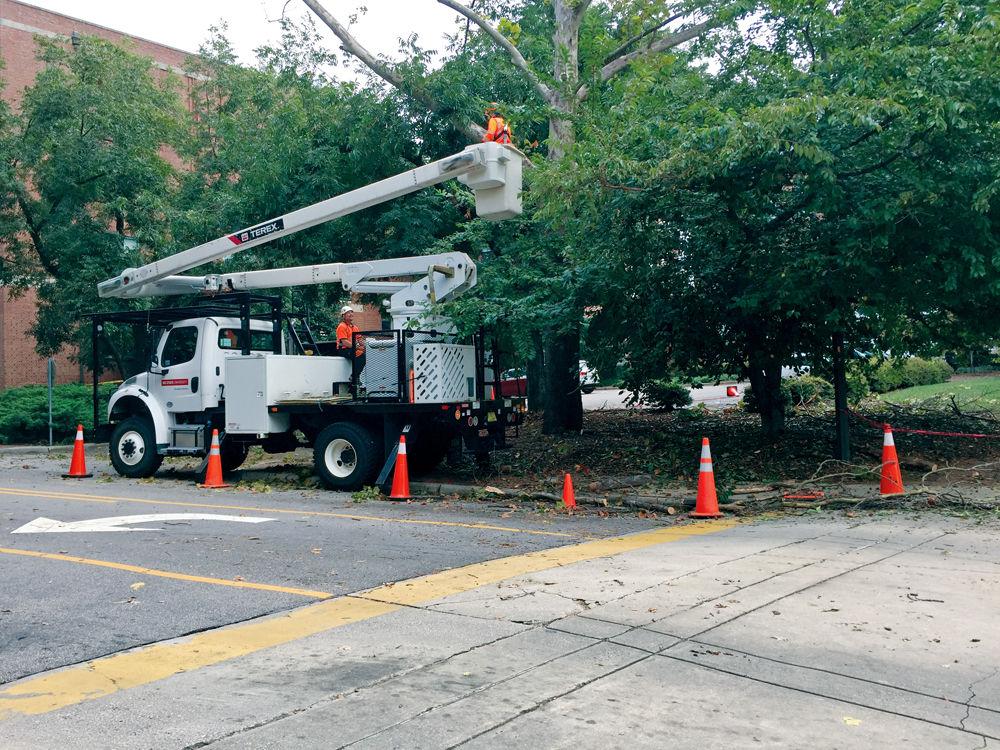 NC State Facilities Division employees remove damaged tree branches on Dan Allen Drive on Wednesday, Sept. 12. All classes beginning from noon Wednesday through the following Monday were canceled.