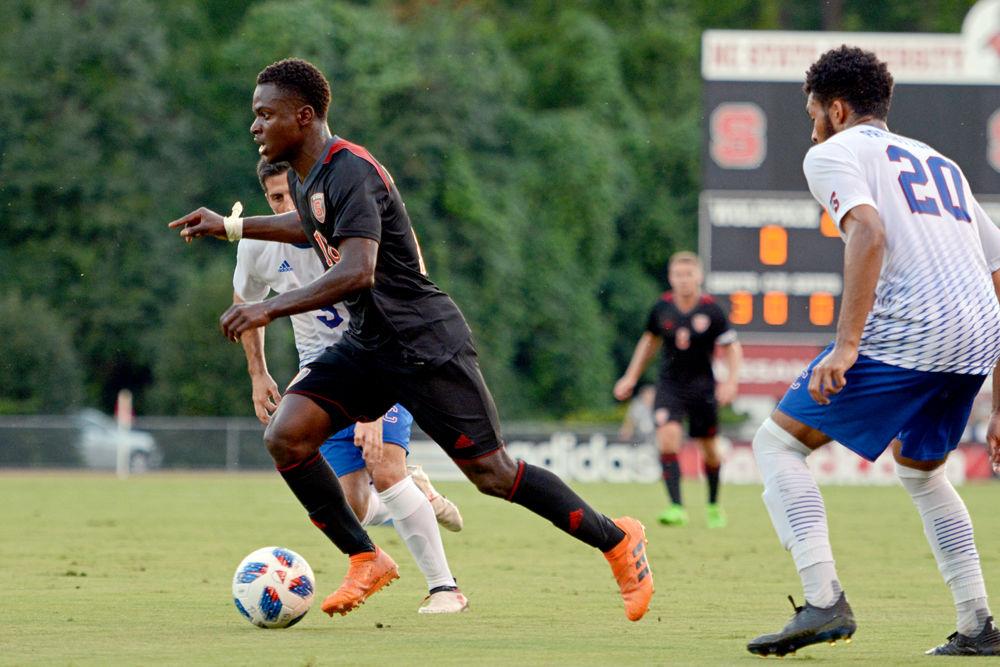 Freshman forward Ivy Brisma dribbles past the Presbyterian defense on Friday, Aug. 31 at Dail Soccer Stadium. The Wolfpack won 2-0.