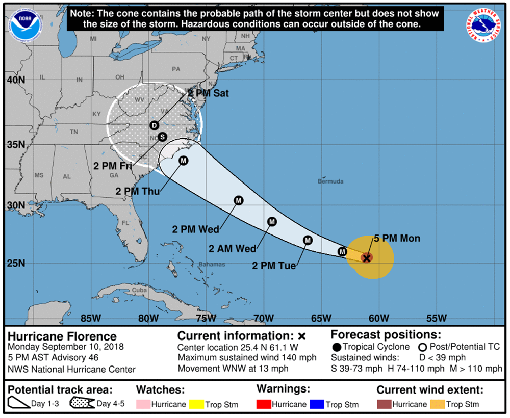 The forecast cone for Hurricane Florence predicts that it will hit Raleigh as a tropical storm early Friday afternoon.