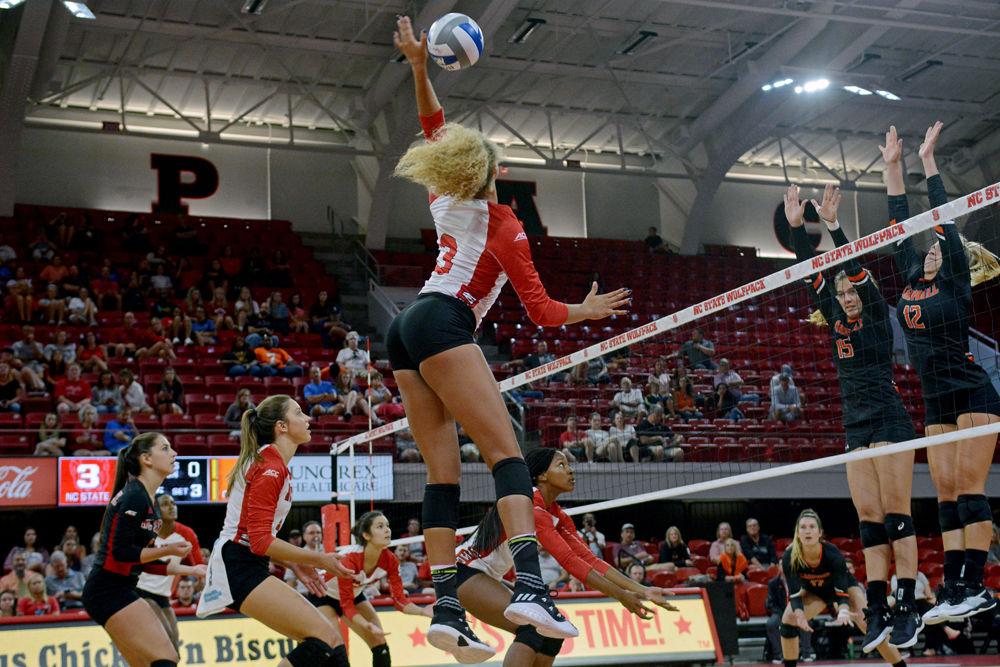 Sophomore opposite hitter Melissa Evans jumps to spike the ball against Campbell on Sunday, Sept. 9 at Reynolds Coliseum. Evans had a team-high 12 kills as the Wolfpack defeated Campbell 3-0.