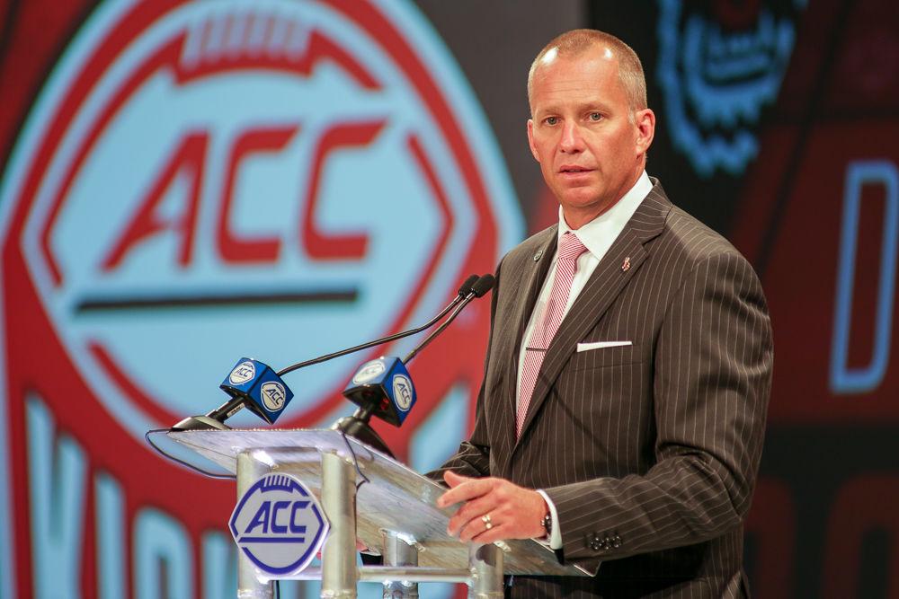 Head coach Dave Doeren answers questions at the ACC Kickoff in Charlotte on Thursday, July 19.