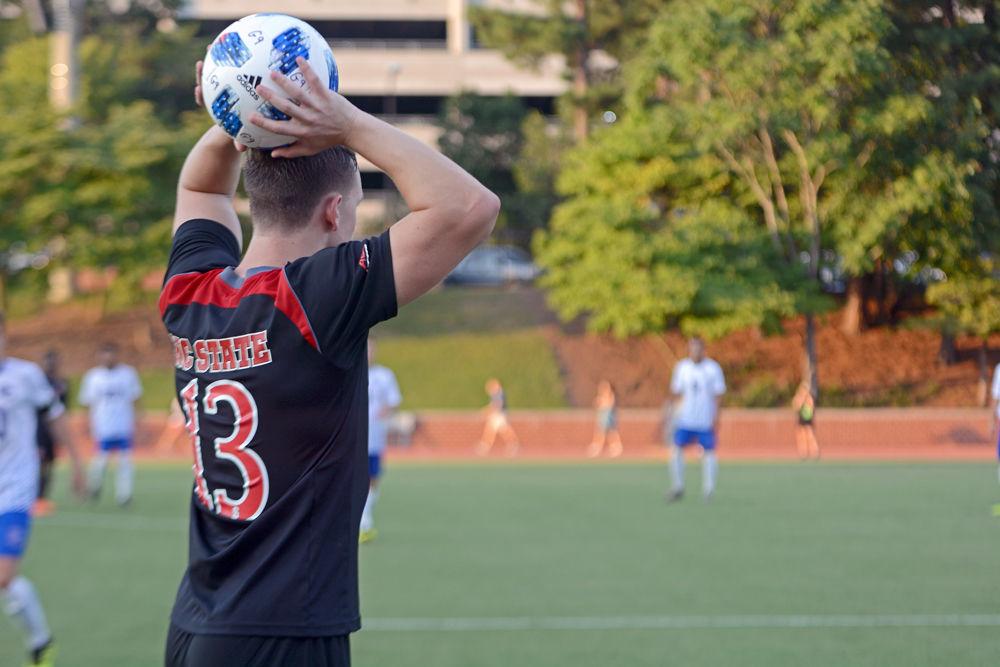 Senior defender Simon Blotko throws the ball in. NC State beat Presbyterian 2-0 on Friday, August 31 at Dail Soccer Stadium.