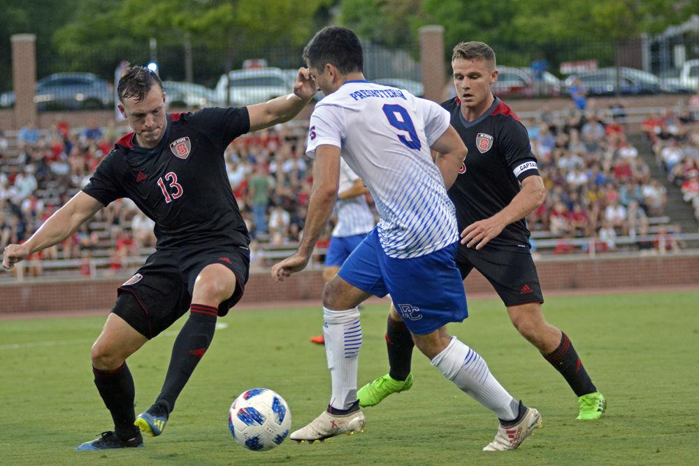 Senior defender Simon Blotko battles for control against a Presbyterian at Dail Soccer Stadium on Friday, Aug. 31. The Wolfpack beat Presbyterian 2-0.