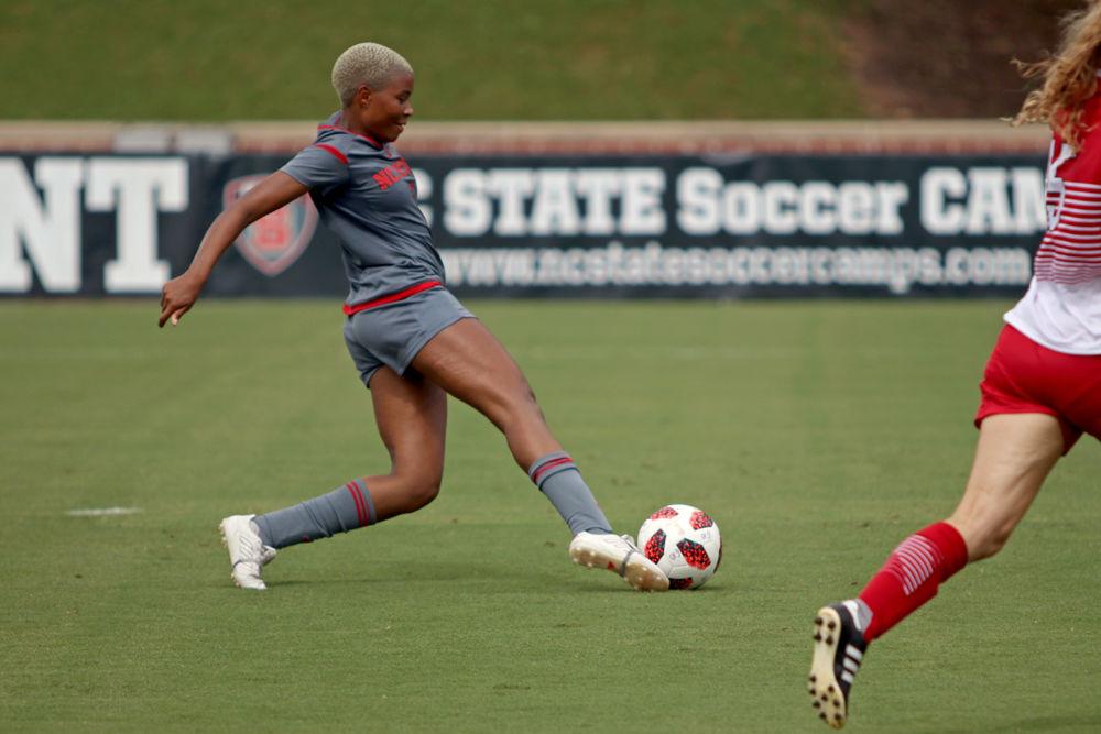 Junior midfielder Tziarra King shoots and scores against Nebraska on September 9, 2018 at Dail Soccer Stadium. King scored the only goal for the Wolfpack as they lost to Nebraska 2-1.