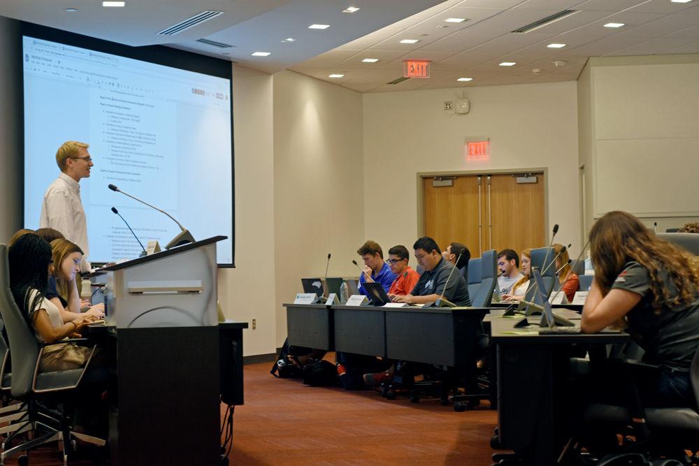 Student Senate President Adam Schmidt, a fourth-year studying civil engineering, addresses the members of the student senate about prior resignations on Wednesday, Aug. 29 at Talley Student Union.