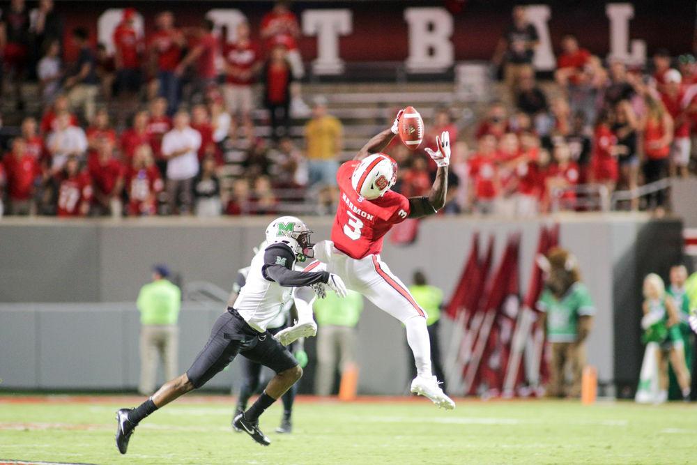 Sophomore wide receiver Kelvin Harmon snags the ball out of the air for a big gain during the 37-20 win over Marshall on Saturday, Sept. 9, in Carter-Finley Stadium.