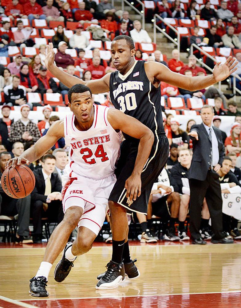 Sophomore forward T.J. Warren drives down the baseline against Wake Forest in PNC Arena on Feb. 11, 2014. Warren led the team with a career high 34 points and 10 rebounds in the Wolfpack&#8217;s 82-67 victory over the rival Demon Deacons.