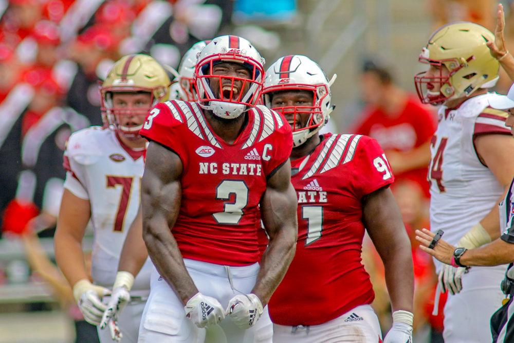 Graduate linebacker Germaine Pratt celebrates after sacking the quarterback. Pratt had a monster day with a team-high 13 tackles, a sack, and a forced fumble that he recovered during the 28-23 win over Boston College on Saturday, Oct. 6, 2018 in Carter-Finley Stadium.