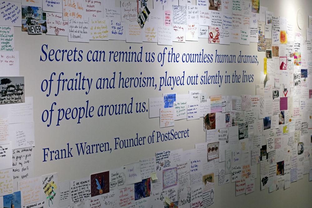 Cards are displayed at the PostSecret exhibit in the Crafts Center on Monday, Sept. 24 in Thompson Hall. PostSecret is a community art event where people can anonymously write down secrets on a card, which are posted with a collection of other secrets. The exhibit is on display in the Crafts Center until October 27.