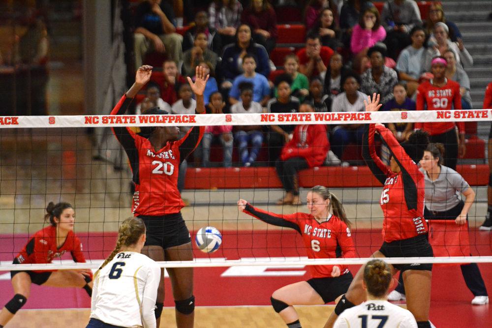 NC State Women&#8217;s Volleyball attempts to keep the ball in play on Sunday, Oct. 14 at Reynolds Coliseum. The Wolfpack lost to No. 6 Pittsburgh 3-1.